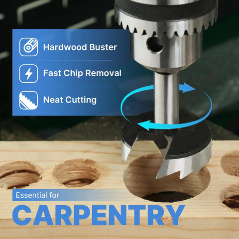 Premium High Carbon Steel Forstner Drill Bit Set For Woodworking, 16 Round Shank Bits Spanning 6 To 54 Mm cutting through wood.
