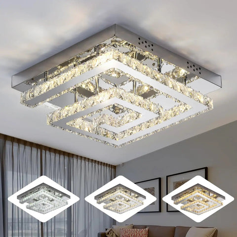 Modern Crystal Chandelier 16 Inch, Adjustable LED Lighting With 3 Color Temperatures, Dimmable Ceiling Light, Two Layer Square Flush Mount
