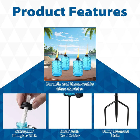 Product features of Four Pack Blue Glass Garden Torches 12 Oz Citronella Outdoor Lights with adjustable height and prong stakes