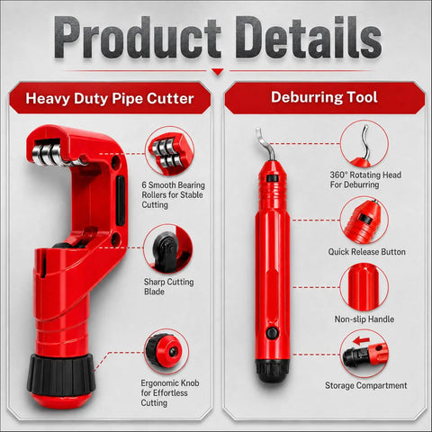 Heavy Duty Pipe Cutter Set For Plumbing Maintenance Multi Material Compatible Copper Aluminum Stainless PVC PPR Pipes Fits Up To 50mm Outer Diameter And 2.5mm Wall Mini Cutter Covers 3-22mm Six Bearing Rollers Sharp Blade For Easy Smooth Cuts, with deburring tool