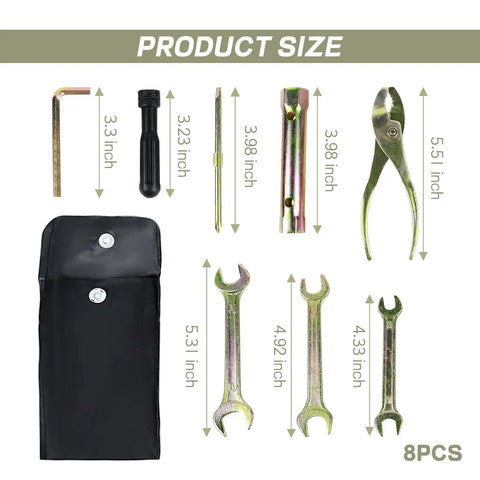 8 Piece Motorcycle Repair Tool Kit With Pliers, Double Head Spark Plug Socket, Screwdrivers, Wrenches, Storage Bag Shown