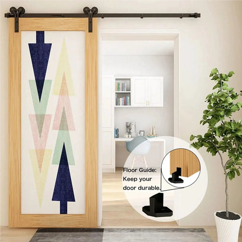 Sliding Barn Door Hardware Kit With Y Shape Rollers And Upgraded Nylon Bearings For Quiet, Smooth Operation, Heavy Duty Track System Delivers Stable And Sturdy Performance For A 5 Foot Door, with floor guide