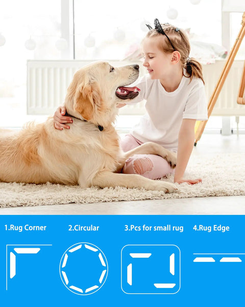 Child with dog on carpet showing Reusable Rug Grippers Set For Hardwood Floors And Carpet Thin Yet Highly Adhesive Removable Rug Tape