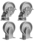Rock Solid 4 Inch Casters Heavy Duty Industrial Caster Wheels Set Of 4 with silver cast iron wheels and dual locking mechanisms.