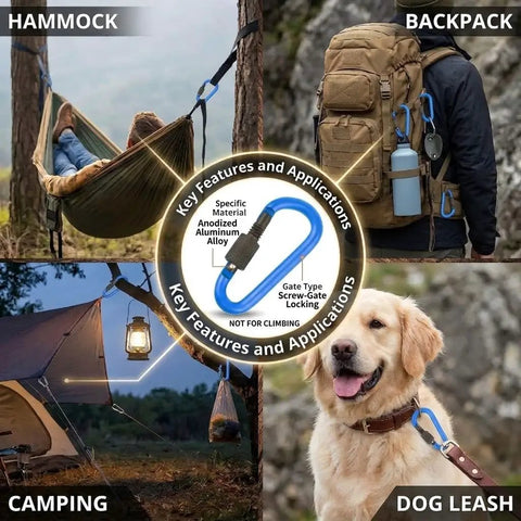Durable Aluminum D Ring Carabiners With Screw Gate Clips 10 Pack Multicolor for gear organization shown in various outdoor uses.