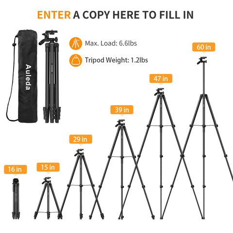 Various sizes of 60 Inch Lightweight Travel Camera Tripod For Canon And Nikon DSLRs with carry bag, max load 6.6 lbs, black.