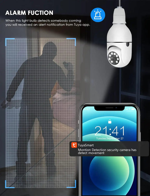 Light Bulb Security Camera With 1080P Full HD, 360 Degree Panoramic View, Motion Detection, and Tuya App alert on smartphone