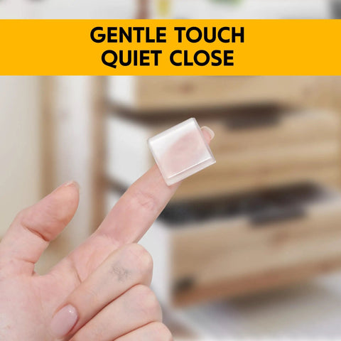 Twenty Pack Clear Silicone Bumper Blocks Rock Solid One Inch Heavy Duty Non Slip Furniture Pads Zero Fuss Invisible Self Adhesive Cabinet Drawer And Countertop Protectors, shown on fingertip.
