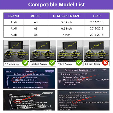 Compatibility guide for Wireless CarPlay Retrofit Kit for Audi A3 S3 2013 2018 with screen sizes 5.8, 6.3, 7 inches.