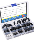 Heavy Duty Black Alloy Steel External E Clip Retaining Ring Washer Set 328 Piece Set Nine Sizes Built To Last With Heat Treated Tough Tensile Strength Includes 1.5mm 3mm 4mm And More For Automotive Machinery And DIY Projects in plastic organizer