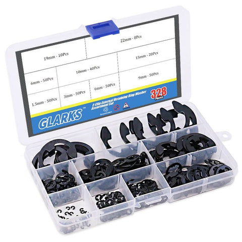 Heavy Duty Black Alloy Steel External E Clip Retaining Ring Washer Set 328 Piece Set Nine Sizes Built To Last With Heat Treated Tough Tensile Strength Includes 1.5mm 3mm 4mm And More For Automotive Machinery And DIY Projects in plastic organizer