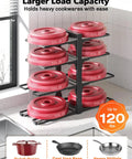 Keep Your Kitchen Organized And Stress Free With This Heavy Duty Under Cabinet Pot Rack Featuring Eight Sturdy Tiers with red weight plates.