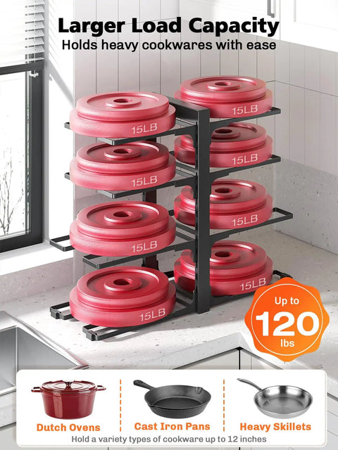 Keep Your Kitchen Organized And Stress Free With This Heavy Duty Under Cabinet Pot Rack Featuring Eight Sturdy Tiers with red weight plates.