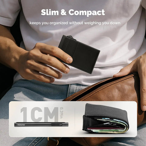 Man holding Go To Slim Pop Up Card Holder Wallet For Men With RFID Blocking And Money Pocket Minimalist Metal Card Case