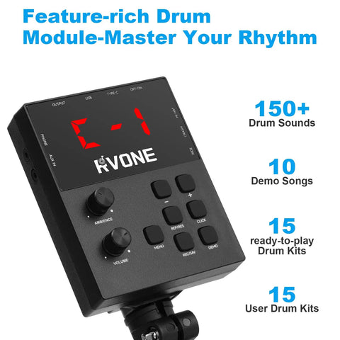 Drum module displaying features of Electric Drum Set For Beginners With Kick Hammer Pedal, 150 sounds, 15 drum kits