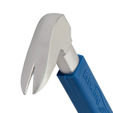 Close-up of Claw Molding Puller 10 Inch Pry Bar with Forged Steel Construction and No Slip Cushion Grip for nail removal.