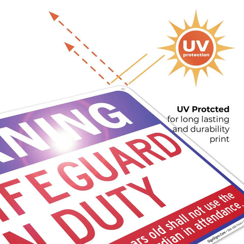 Close-up of No Lifeguard On Duty Pool Sign For Safety, 10x14 Inch Aluminum, UV Protected, detail showing UV protection badge.