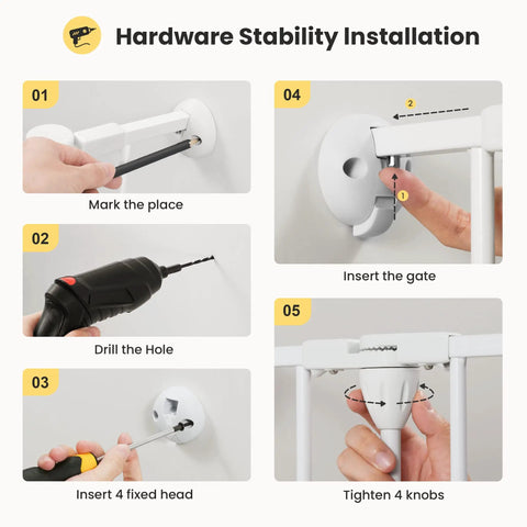 Installation steps for Deluxe Walk Through Pet Gate For Stairs And Doorways One Hand Operation Hardware Mounted Extra Wide Opening
