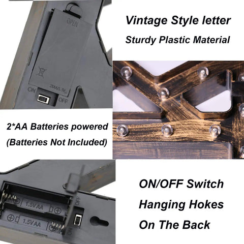 Detailed view of Super Sweet Vintage Industrial Led Marquee Letter A battery compartment and switch for home bar decor.