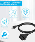 OBDII Female To USB A Male Power Cable 3.3ft shown with icons for features like high quality and ease of use.