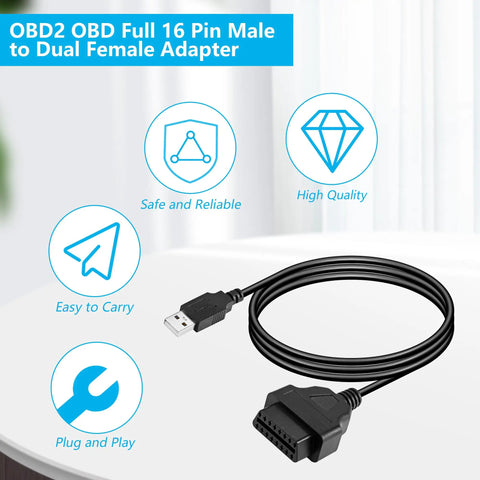 OBDII Female To USB A Male Power Cable 3.3ft shown with icons for features like high quality and ease of use.