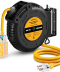 Heavy Duty 40 Foot 10 Gauge Retractable Extension Cord Reel 20A 125V SJTOW Power Cord ETL Listed With NEMA 5 15R And 5 20R Receptacles Built Tough For Generators Welders Saws Vacuums Heaters And Heavy Tools., 40 ft yellow cord on mounted reel with 4 outlets