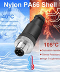 10 Pack M12 4 Pin Aviation Connector A Code Male IP67 Waterproof shown with nylon PA66 shell, temperature range -40°C to 105°C