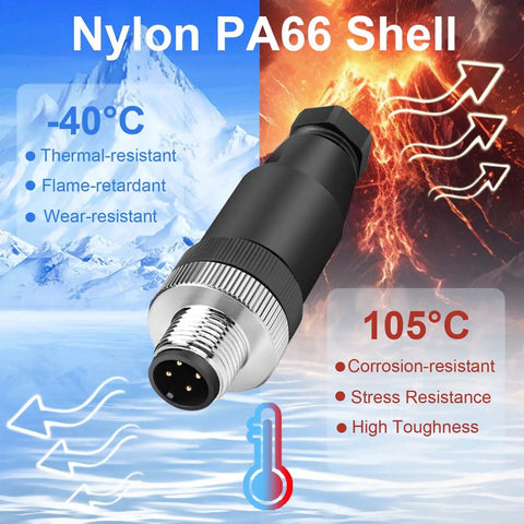 10 Pack M12 4 Pin Aviation Connector A Code Male IP67 Waterproof shown with nylon PA66 shell, temperature range -40°C to 105°C