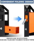 Beefy Steel Hitch Wall Mount Foldable Garage Saver For 2 Inch Receiver Easy Grip stowed in folded position with orange and black design.