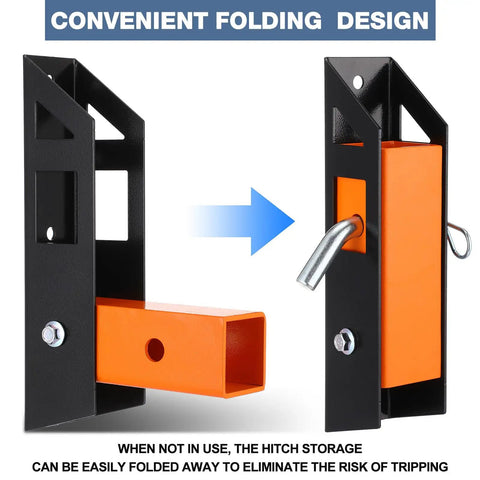Beefy Steel Hitch Wall Mount Foldable Garage Saver For 2 Inch Receiver Easy Grip stowed in folded position with orange and black design.