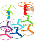 Skyrocopter Toy Helicopter for Kids with bright multi-color designs and durable plastic rotor blades displayed in various colors.