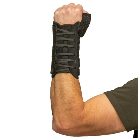 Titan Thumb Orthosis With Adjustable Lacing For One Hand Use, Malleable Thumb Stay, left hand, black, being worn on arm