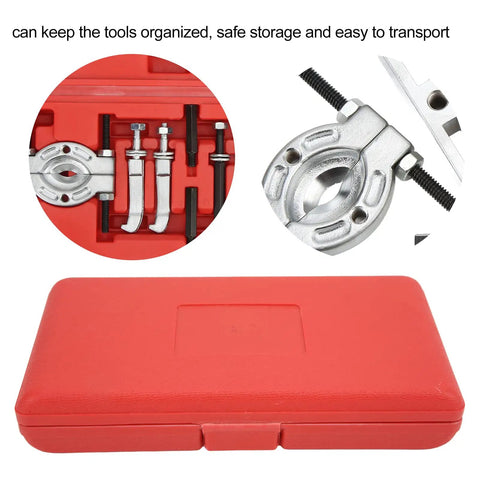 Pro Grade Bearing Puller Set 9Pcs Portable Bearing Separator Kit with red storage case and metal components visible.