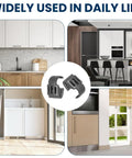 Collage showing kitchen and bathroom with Cabinet Door Restrictor Clips 50 Pack For Face Frame Hinges, preventing door swings.