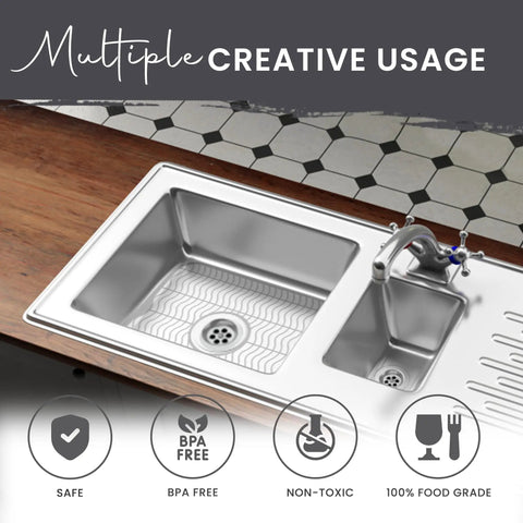 Two Pack Kitchen Sink Protectors 12 By 11 Inch Plastic Grid Mats White Dish Rack Shield in stainless steel sink, top view