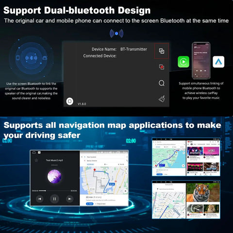 Mercedes Benz Wireless CarPlay Retrofit Kit Decoder Module For NTG5.0 NTG5.1 NTG5.2 Systems Fits GLA CLA C117 X117 X156 W205 2015 2018, Adds Wireless Android Auto, Reversing Camera, OEM Car Controls, Easy Plug In Installation No Fuss Setup, dual Bluetooth and navigation map interface displayed