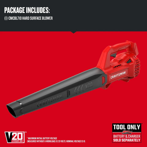 Red and black V20 Cordless Leaf Blower Bare Tool Only For Hard Surface Cleanup displayed on red background