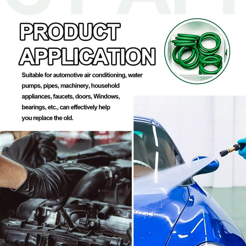NOTISH car A/C repair kit collage: green O-ring seals, valve cores and double-head install tool; engine bay shots.