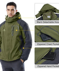 Mens Ski Snow Jacket Waterproof Winter Coat Windproof Warm Fleece Lined Hooded Parka Olive Green Size S with Detachable Hood