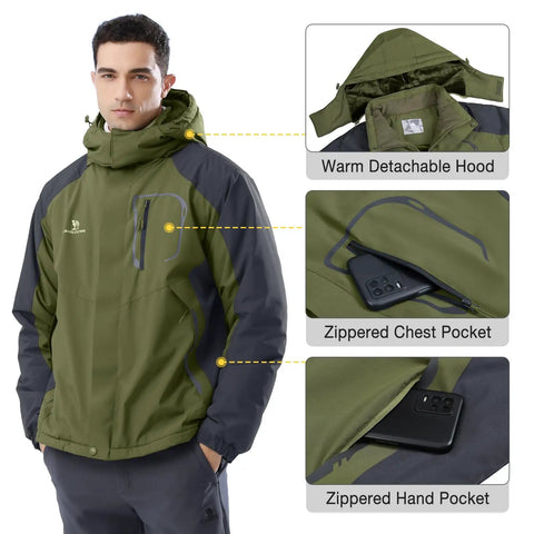 Mens Ski Snow Jacket Waterproof Winter Coat Windproof Warm Fleece Lined Hooded Parka Olive Green Size S with Detachable Hood