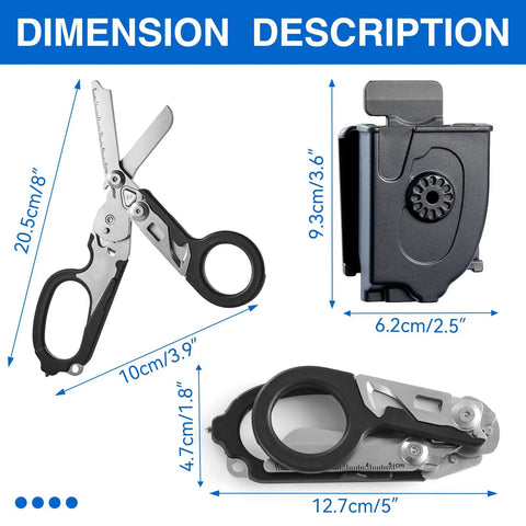 Prepper Grade Foldable 6 In 1 Trauma Shears Stainless Steel Emergency Response Scissors with measurements and holster