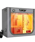 Double Space Resin 3D Enclosure With Ventilation Kit and LED Light for LCD Resin UV Printers, shown with glowing interior and iron frame.