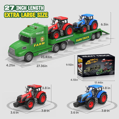 Large 27 Inch Farm Truck Toy Set With Two Tractors And A 3 In 1 Inertia Powered Transport Vehicle With Lights And Realistic Sounds
