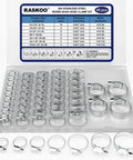 46 Piece Premium Adjustable Stainless Steel Hose Clamps Kit Featuring Seven Size Range From Quarter Inch To One And One Half Inch For Fuel Line Plumbing Automotive And Mechanical Applications Long Lasting Worm Gear Clamps displayed in box.