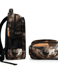 Desert Amber Eyed Wolf Print Backpack Dope Unisex Daypack side view, large capacity, durable polyester, smooth zipper