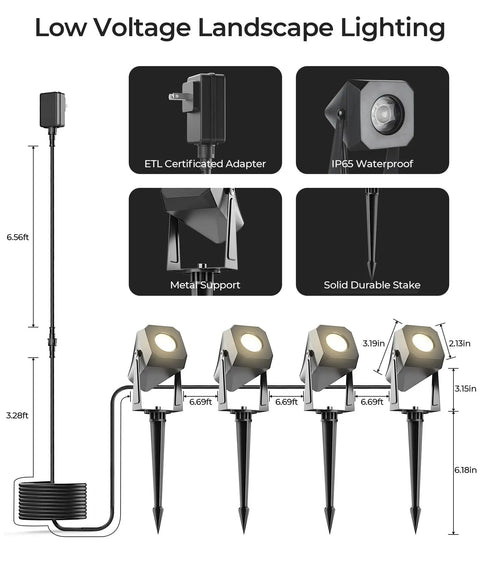 Diagram of Outdoor Landscape Lighting 4 Pack Low Voltage LED Spotlight Kit 12V 2700K Warm White IP65 Waterproof components.
