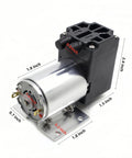 DC 12V vacuum pump with metal cylindrical motor and black mounting block (side view)