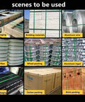 Collage of packaging scenes showcasing Heavy Duty Electric Automatic Strapping Machine use for various materials like glass, bricks, and cartons.