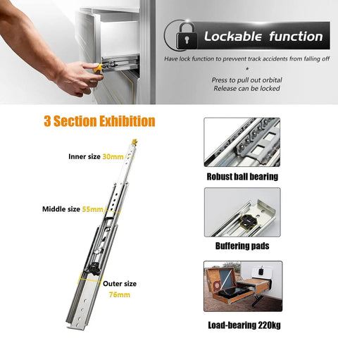 3 Fold Full Extension Drawer Runners And Cabinet Slides Heavy Duty Ball Bearing Rails For Cabinets shown with lockable function