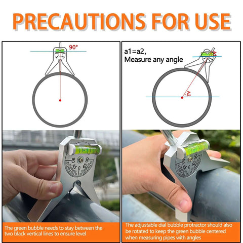 Pipe center finder tool with 4-inch Y-base and adjustable dial bubble protractor for pipe diameter over 0.5 inches